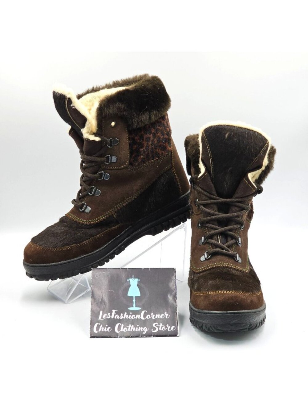 Hinher Women's Brown Leather Fur-Lined Lace-Up Boots Made In Italy Sz 8.5 2947